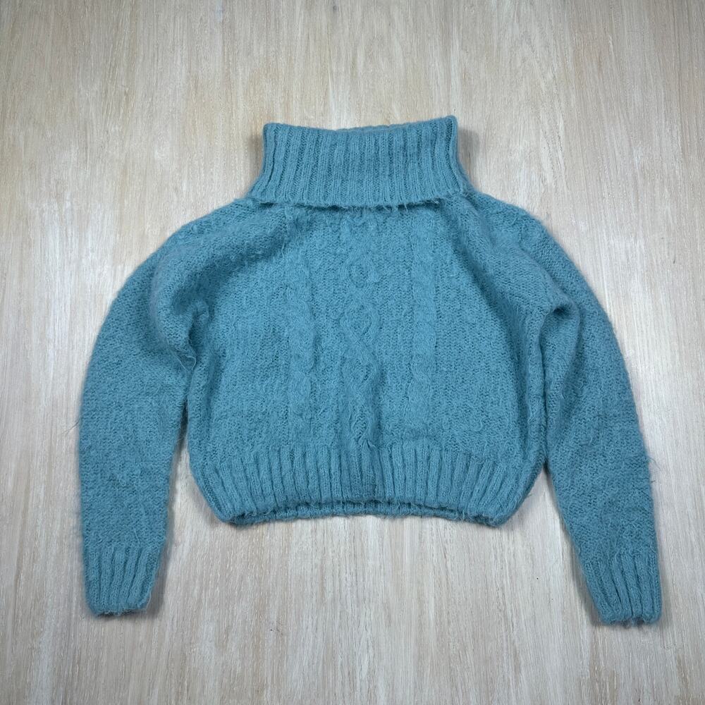 Molly Bracken Blue Cowl Neck Fluffy Cropped Cozy Casual Pullover Sweater Small